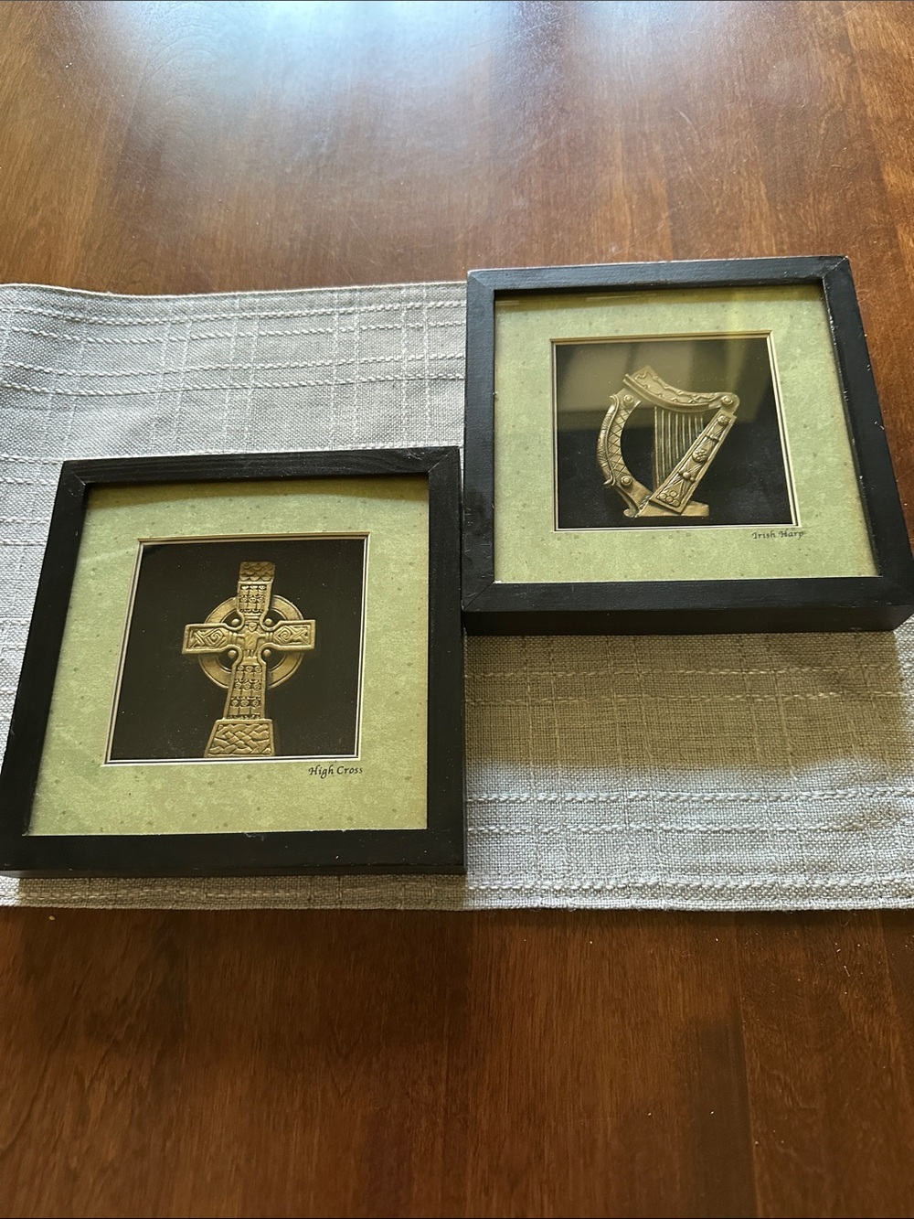 Framed Celtic Cross and Harp Shadow Box Art Set - Black Frame, Green Mat